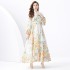 2024 Vacation - Palace style Retro Stand up Collar Single breasted Printed Wide Swing Long Dress