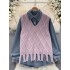 Korean version sweet college style fashion two-piece set of women's tassel knitted vest+casual versatile loose denim shirt