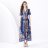 2024 Vacation - Vacation Style Suit Collar Short Sleeve Wide Swing Wave Edge Plant Printed Long Dress