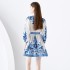 2024- Early season vacation style V-neck pleated lantern sleeves retro printed mini dress