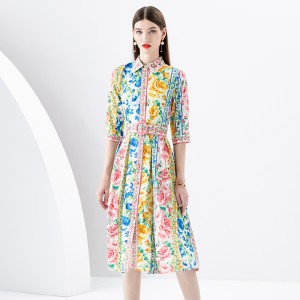 2024 Spring/Summer - Palace Style Flip Collar Short Sleeve Waist Wide Skirt Printed Long Dress