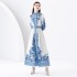 2024 Early Spring - Vacation style stand up collar lantern sleeves wave side length printed dress