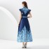 2023 Early Autumn Palace Style Flip Collar Single Front Small Flying Sleeve Printed Long Dress