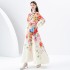 2024 Early Spring - Vacation style stand up collar single breasted palace style printed wide swing long dress