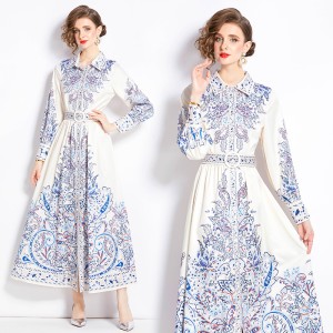 Original in stock | 2024 early spring new palace style lapel dress with buckle design, long skirt