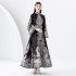 2024 Early Spring - Palace style stand up collar flared sleeve printed long lace dress