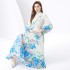 2024 Vacation - Rural style retro stand up collar single breasted printed wide swing long dress