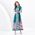 2024 Spring/Summer - Vacation style retro stand up collar single breasted lantern sleeve printed wide swing long dress