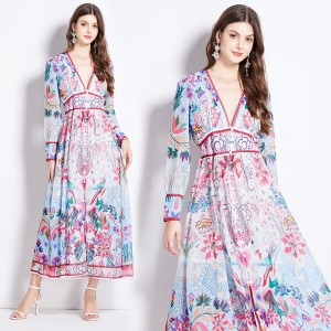 Original in stock | 2024 early spring vacation style temperament design sense V-neck printed long sleeved waist cinching dress