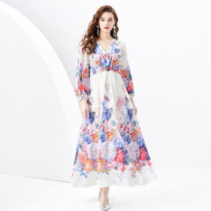 2024 Spring/Summer - Vacation Retro Palace Style V-neck Loose Lantern Short Sleeve Painted Long Dress