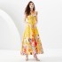 2023 Autumn Palace Vacation Style Standing Collar Lantern Sleeve Wide Skirt Shrink Fold Long Printed Skirt