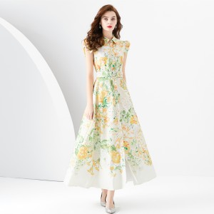 2024 Spring/Summer - Palace style lapel, sleeveless waist, wide skirt, printed long dress