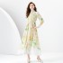 2024 Early Spring - Vacation style stand up collar lantern sleeves wave side length retro printed dress