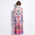 Original in stock | 2024 early spring vacation style temperament design sense V-neck printed long sleeved waist cinching dress