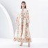 2024 Early Spring - Palace style stand up collar flared sleeve printed long lace dress