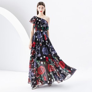 2024 Early Spring - Vacation One Shoulder Sleeveless Lotus Leaf Edge Wide Swing Printed Dress