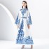 2024 Early Spring - Palace style stand up collar flared sleeve printed long lace dress