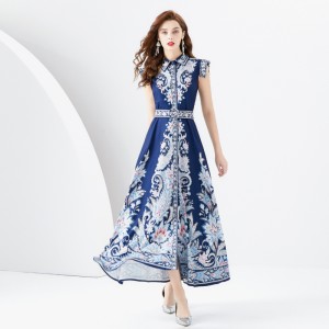 2024 Spring/Summer - Palace style lapel, sleeveless waist, wide skirt, printed long dress