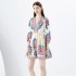 2024- Early season vacation style V-neck pleated lantern sleeves retro printed mini dress