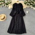 French retro hollowed out hook and flower lace patchwork lantern sleeve dress with women's straps and waist cinching temperament long skirt for autumn 2024