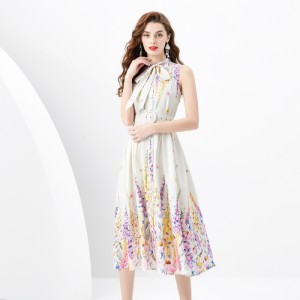 2024 Spring/Summer - Drift collar sleeveless pleated single door long vintage oil painting printed dress