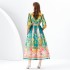 2024 Early Spring - Palace style stand up collar lantern sleeve wave side length retro printed dress