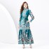 2024 Spring/Summer - Palace style stand up collar lantern sleeves wave side length retro printed dress