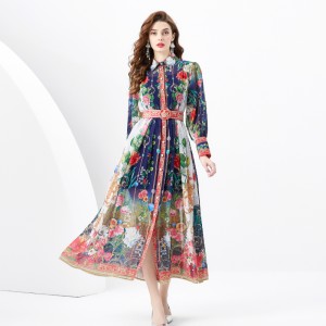 2024 Spring/Summer - Palace style lapel lantern sleeve wave side length retro printed dress