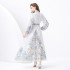 2024 Vacation - Palace style Retro Stand up Collar Single breasted Printed Wide Swing Long Dress