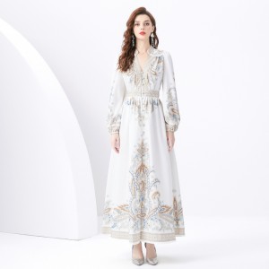 2024 Vacation - Palace Style V-neck Lantern Sleeve Wave Edge Vintage Printed Dress