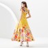 2023 Autumn Palace Vacation Style Standing Collar Lantern Sleeve Wide Skirt Shrink Fold Long Printed Skirt