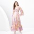 2024 Spring/Summer - Retro Deep V-neck Lantern Sleeve Wave Edge Wide Swing Painted Printed Long Dress