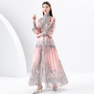 2024 Early Spring - Palace style stand up collar lantern sleeve wave side length retro printed dress