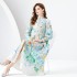 2024 Early Spring - Vacation style stand up collar lantern sleeves wave side length retro printed dress