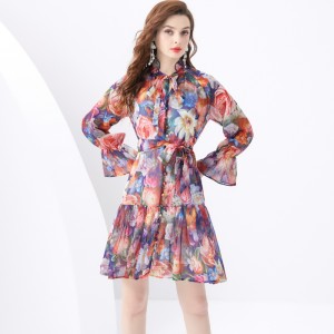 2024 Vacation - Colorful Flower V-neck Mushroom Edge Strap Shrink Fold Wide Swing Printed Mini Dress Two Piece Set