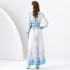 Early Spring 2024- Retro Palace style pleated V-neck lantern sleeves long printed dress