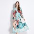 Original in stock | 2024 early spring V-neck ethnic style long sleeved printed waist lace up long dress