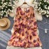 2024 autumn new niche light mature style dress for women, French style waist cinched square collar lantern sleeve printed chiffon long dress