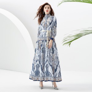 2023 vacation style stand up collar lantern sleeve wave side length printed dress