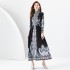 2024 Early Spring - Palace style stand up collar lantern sleeve wave side length retro printed dress