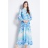 Original Spot | 2024 Spring Ethnic Style Retro Positioning Printed Shirt Lantern Long Sleeve High Waist Dress