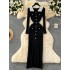 Xiaoxiang style high-end retro contrasting color lapel long sleeved metal buckle slim fit and slimming temperament vertical knit dress