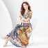 2024 Early Spring - Vacation style suit collar short sleeved pleated wide hem square scarf printed long dress