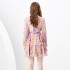 2024 Early Spring - Vacation style stand up collar lantern sleeves wavy edge painted mini printed cake dress