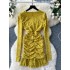 Feminine sexy dress 2024 autumn socialite temperament V-neck pleated waist slimming long sleeved lace base skirt