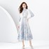 Early Spring 2024- Palace Style Flip Collar Single Door Front Lantern Sleeve Long Retro Printed Dress