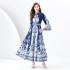 2024 Early Spring - Palace style stand up collar flared sleeve single placket printed long lace dress