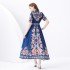 2024 Vacation - Vacation Style Suit Collar Short Sleeve Wide Swing Wave Edge Plant Printed Long Dress