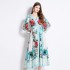 Original in stock | 2024 early spring V-neck ethnic style long sleeved printed waist lace up long dress