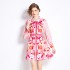 Original Spot | 2024 Early Spring New Printed Retro Collar Fashion Dress Lantern Sleeve High Waist A-line Skirt